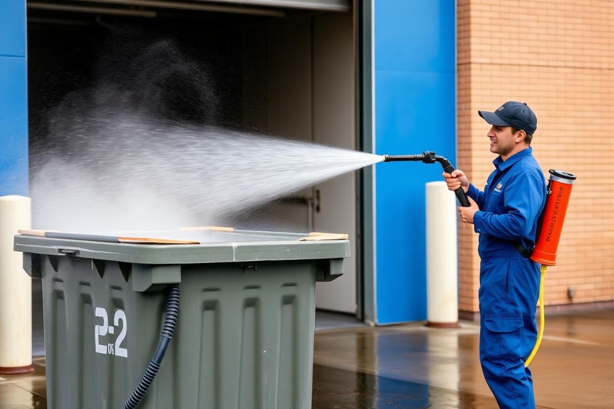 Technician cleaning commercial trash bin