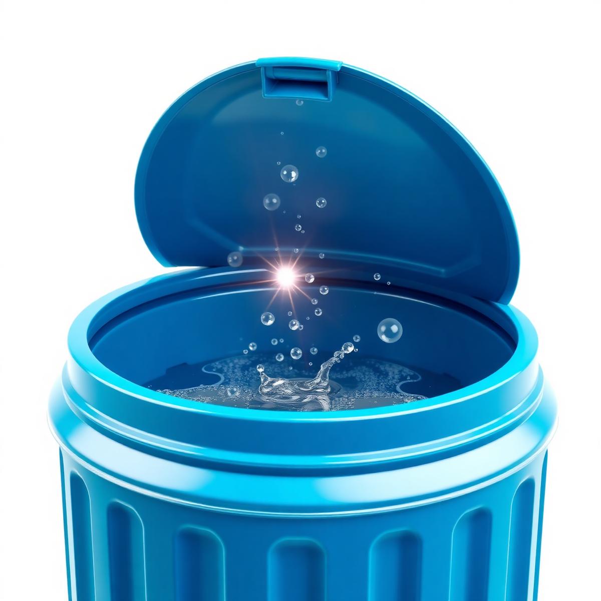 Freshly cleaned blue garbage can with sparkling water and bubbles